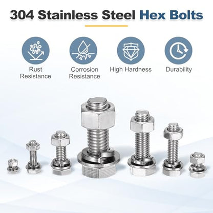 MECCANIXITY M8 x 220mm 304 Stainless Steel Hex Head Screws Bolts, Nuts, Flat & Lock Washers Assortment Kit, Fully Threaded, Bright Finish for Home, Electronic, Machine, 2 Sets - size: M8 x 220mm