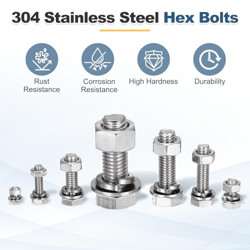 MECCANIXITY M10 x 130mm 304 Stainless Steel Hex Head Screws Bolts, Nuts, Flat & Lock Washers Assortment Kit, Fully Threaded, Bright Finish for Home, Electronic, Machine, 2 Sets - size: M10 x 130mm