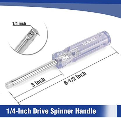 WORKPRO 39-Piece Drive Socket Set 1/4'' & 3/8'', CR-V Metric and SAE Sockets with Quick-Release Ratchet Wrench, Extension Bar, Spinner Handle & Adapter, Compact Mechanics Tool Set for Car Repair - color: Silver