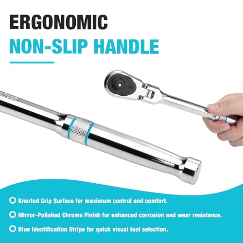 DURATECH 1/4-Inch Drive Flex-Head Ratchet, 90-Tooth Quick-Release Ratchet Wrench with 180° Pivoting Head and 7-Position Setting, Reversible, CR-V Made, CR-MO Head, 4° Swing, Full Polished, Men Gifts - size: 1/4"(Polished)
