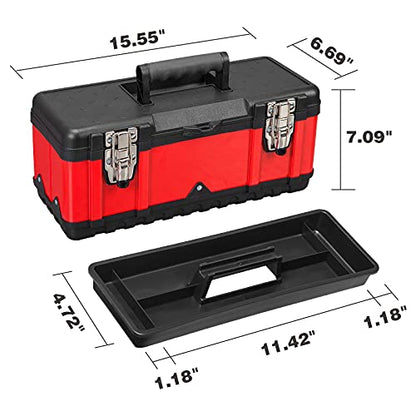 Jack Boss Steel Tool Box 15.5 Inch Small Portable Tool Organizer Box with Built-in Short Non-slip Handle Car Box with Removable tray - size: 15.5Inch