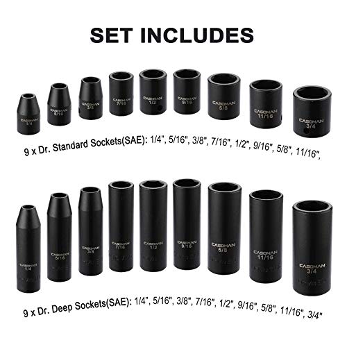 CASOMAN 87PCS 3/8" Drive Master Impact Socket Set, SAE & Metric Standard, Deep, Swivel Sockets,Cr-MO Steel, Includes Star and Inverted Star Socket, Impact Universal Joint, Extension Bars - size: 3/8" Drive