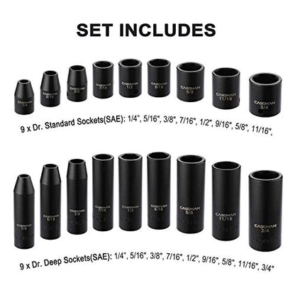 CASOMAN 87PCS 3/8" Drive Master Impact Socket Set, SAE & Metric Standard, Deep, Swivel Sockets,Cr-MO Steel, Includes Star and Inverted Star Socket, Impact Universal Joint, Extension Bars - size: 3/8" Drive