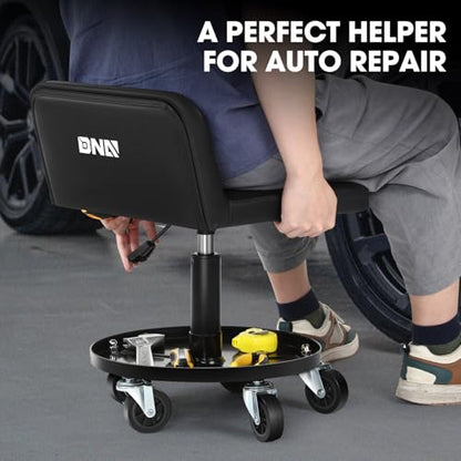DNA Motoring Rolling Padded Seat Adjustable Height Seat 330lbs Capacity Rolling Mechanic Creeper Stool, W/Tool Storage Drawer & Tray, Black, TOOLS-00601 - style: Round Tray Black