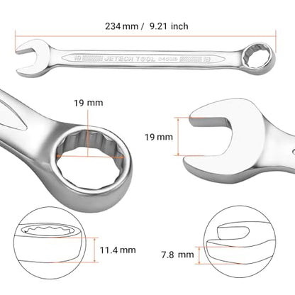 Jetech 19mm Combination Wrench, Metric 12-Point Chrome Vanadium Steel Spanner, Industrial Grade with 15-Degree Offset, Sand Blasted Finish, Heat-Treated Forged Tool - size: 19mm