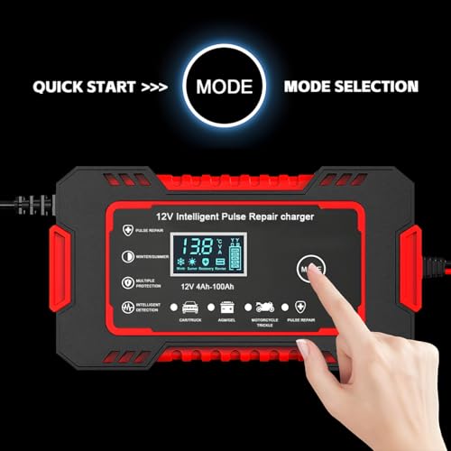 Mandark Car Battery Charger, 12V 6A Smart Fully Automotive Battery Trickle Charger, Portable Vehicle Battery Maintainer Desulfator with Temperature Compensation, Universal for SUV RV Truck (Red) - color: Red