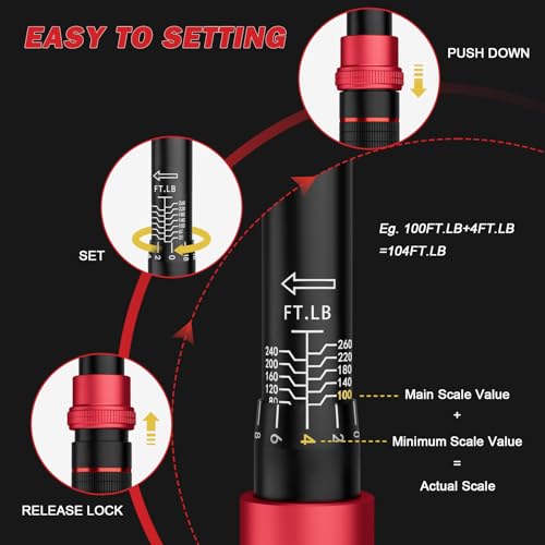 VANPO 1/2-Inch Drive Click Torque Wrench, 20-260 Ft-Lb, for Car & Truck | 27.1-352.3 Nm, 22.04", Dual Direction, 72 Tooth, Adjustment Torque Wrenches with 1/2" to 3/8" Adapter & 125mm Extension Bar - size: 1/2-Inch(20-260 Ft-Lb/27.1-352.3 Nm)
