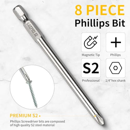 8 Pcs Phillips Screwdriver Bit Set,1/4 Inch Hex Shank 4 Inch Long S2 Steel with Magnetic, Impact Tough Screwdriving Power Bits - style: Phillips(8-Size)