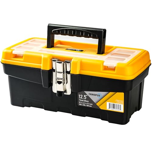 CANOPUS Plastic Toolbox, 12.5-inch Portable Tool Box with Metallic Clutch, Tool Organizer with Extra Storage Tray for Home Tools, Nails and Pins, Black-Yellow
