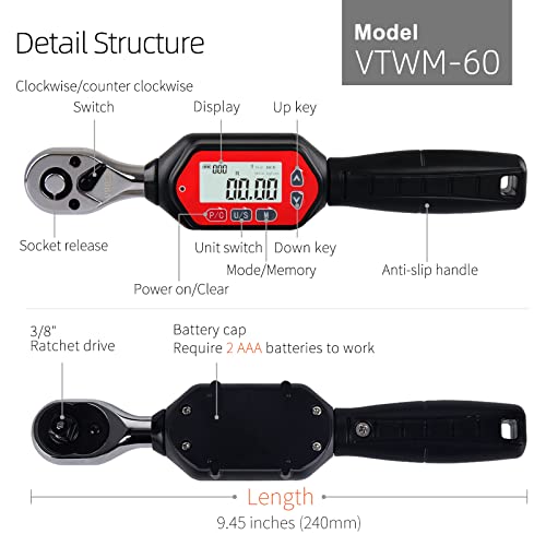 Digital Torque Wrench 3/8-inch Drive, 1.33-44.25 ft-lbs (1.8-60 Nm) (16-531 inch Pound) with Buzzer & LED, Calibrated (VTWM-60), Red