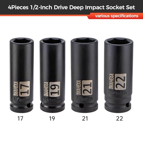 1/2" Drive Deep Large Impact Socket Set, 4-Piece Spindle Axle Nut Metric 6 Point Sockets Set, Metric Sizes(17,19,21,22mm),CO-MO Meterial - size: 1/2 Metric 4Piece