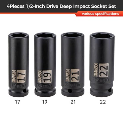 1/2" Drive Deep Large Impact Socket Set, 4-Piece Spindle Axle Nut Metric 6 Point Sockets Set, Metric Sizes(17,19,21,22mm),CO-MO Meterial - size: 1/2 Metric 4Piece