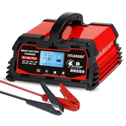 Battery Charger 40A, 12V/24V Lead Acid Smart Battery Charger, 12V LiFePO4 Car Battery Trickle Charger, Automatic Battery Maintainer for Car Motorcycle Lawn Mower Marine Boat Lead Acid Batteries - size: 40A-RED