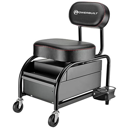 Powerbuilt Professional Car Detailers Mechanics Roller Seat, Heavy Duty Garage Stool with Thick Padded Seat and Backrest, 2 Sliding Storage Drawers, Tool Tray, Can Holders, 3in. Swivel Casters–240299 - style: Heavy Duty