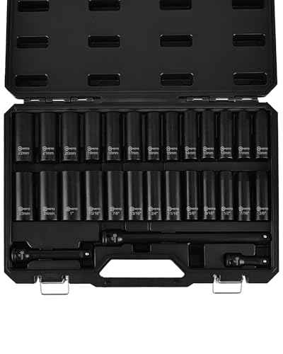29-Piece 1/2" Drive Impact Socket Set, SAE (3/8 to 1 inch) and Metric (10-24mm) Sizes with Extension Bars Standard Deep Socket Set CR-V Material High Durability Impact Wrench - style: SS-D12-29PC