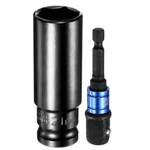 HARFINGTON Deep 6-Point Impact Socket 1/2" Drive 21mm Metric Socket 3" Length with 1/4" Hex Shank Adapter, CR-V Steel Socket Adapter Accessory Tool Set Kit for Hex Bolts Nuts - size: 21mm