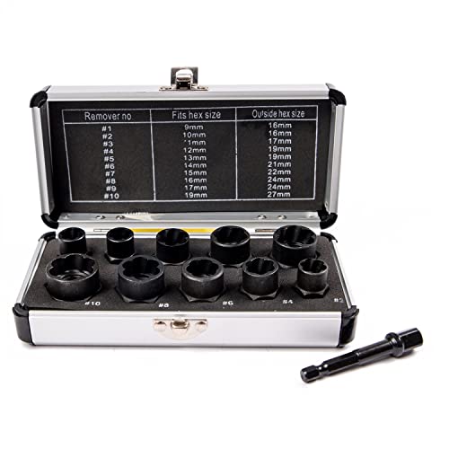 10Pcs Bolt Extractor Damaged Nut Remover Set,Broken Screw Nut Bolt Extractor Kit Stud Extractor Locking Socket Tools Kit,Drive Socket with Storage Case 9-19mm