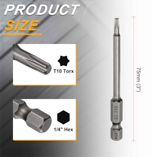 HARFINGTON 10pcs T10 Torx Head Screwdriver Bit 1/4" Hex Shank 3" (75mm) Long Magnetic No Hole Tip Tamper Proof 6 Point Star Screw Driver Drill Bits S2 Steel Industrial Power Screwdrivers - size: T10 x 3"