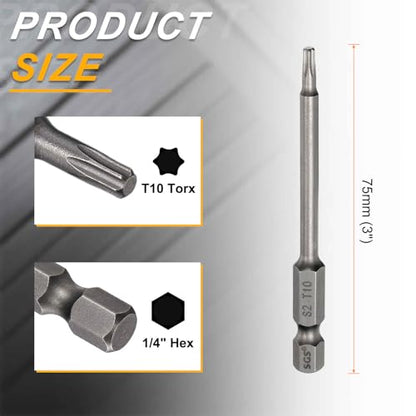 HARFINGTON 10pcs T10 Torx Head Screwdriver Bit 1/4" Hex Shank 3" (75mm) Long Magnetic No Hole Tip Tamper Proof 6 Point Star Screw Driver Drill Bits S2 Steel Industrial Power Screwdrivers - size: T10 x 3"