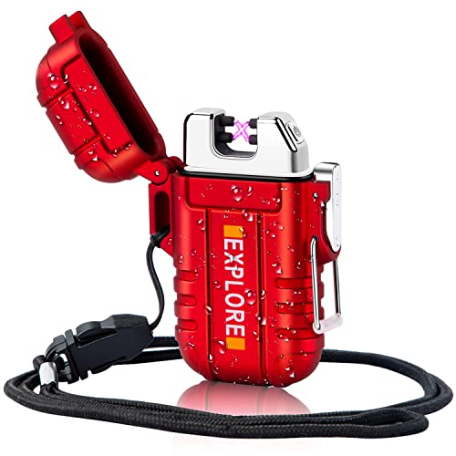 LcFun Arc Lighter Waterproof Windproof Rechargeable USB Plasma Flameless Electric Lighters with Lanyard Sports Fan Lighters for Survival, Tactical, EDC Gear, Camping (Red) - color: Red (Without Whistle)