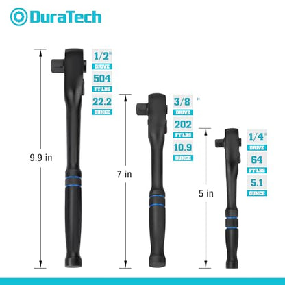 DURATECH 3-Piece Drive Ratchet, 90-Tooth Quick-release Ratchet Wrench | 1/4", 3/8", 1/2" Socket Wrench for Men Women, Reversible, Cr-V Made, 4° Swing, Manganese Phosphate Black Finish - size: Combo Kit(Black)