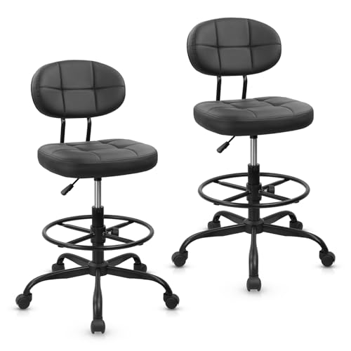 KLASIKA Drafting Stool with Backrest, Tall Adjustable Height Office Chair, PU Leather Swivel Rolling Stool with Footrest & Wheels for Standing Desk, Bar, Salon, Spa, Lab, Counter, Home, Black，2PK - color: Black With Backrest, size: 2PK