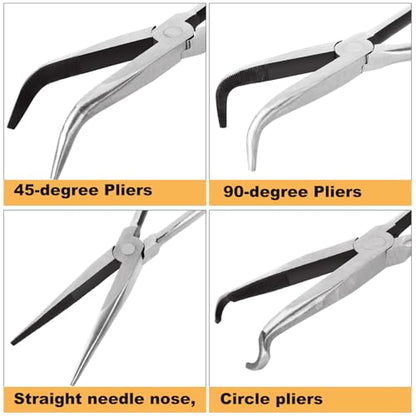 4 Pack Needle Nose Pliers Set, 11 inch Long Reach Plier, Straight Needle Noses Plier, 45 & 90 Degree Angle Curved Needle Nose Pliers,Spark Plug Removal Tool