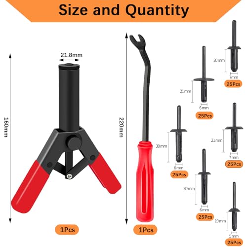 156Pcs Plastic Rivet Gun Kit, Professional Hand Riveter with 150 Nylon Rivets Clip (6 Sizes) & 5 Fastener Removal Tools, Universal Rivet Kit for Automotive/Electronics