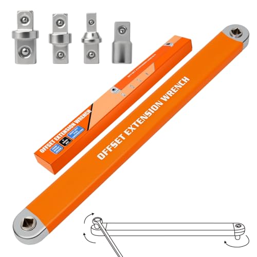 Offset Extension Wrench, Zero Degree Ratchet Extension Set Impact Ready Socket Wrench Extender Tool with 1/2", 1/4", 3/8" Drive Adapters and 1/4" Socket for Tight Place Orange - color: Orange