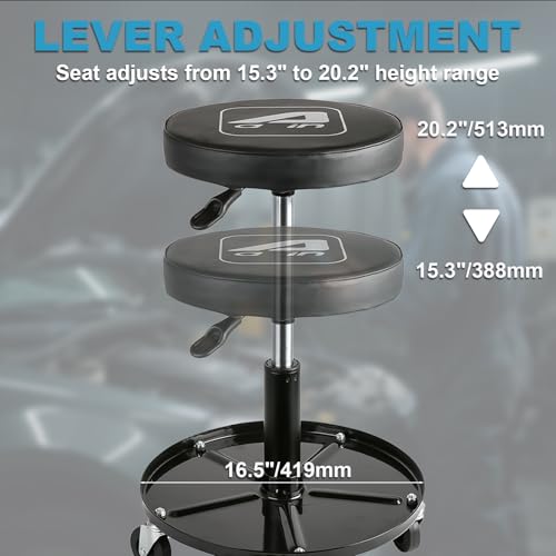A A IN LT2A Heavy-Duty Adjustable Mechanic's Roller Seat Adjustable Rolling Stool with Wheels & Tool Tray Black
