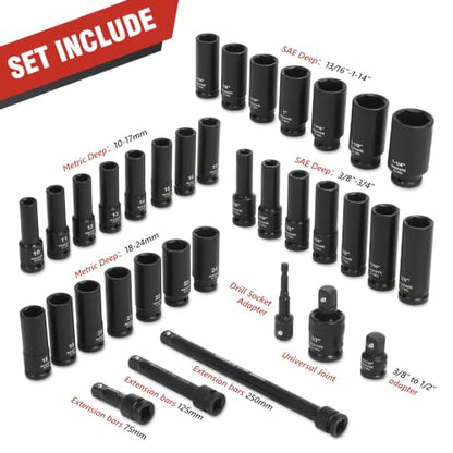 1/2" Impact Socket Set 35PCS,Metric 10-24mm SAE 3/8"-1-1/4" | CR-MO Steel,6-Point Design, Includes U-joint, Extension Bars, Adapter and Storage Case for heavy-duty automotive maintenance - size: 1/2" | Metric & SAE|35-PCS