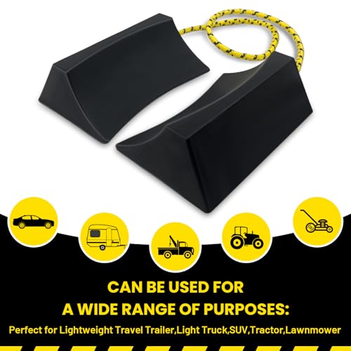 HOXWELL Dual Wheel Chocks, Light Non-Slip Wheel Stoppers with Nylon Rope Yellow Reflective Tape, Wheel Block for Lightweight Travel Trailer, Light Truck, Car, Tractor, Lawnmower 1 Pair, Black&Yellow