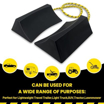 HOXWELL Dual Wheel Chocks, Light Non-Slip Wheel Stoppers with Nylon Rope Yellow Reflective Tape, Wheel Block for Lightweight Travel Trailer, Light Truck, Car, Tractor, Lawnmower 1 Pair, Black&Yellow