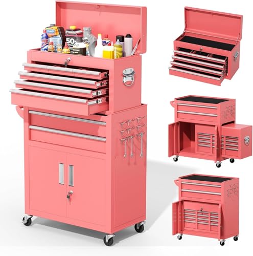 Greenvelly Tool Chest, 8-Drawer Rolling Tool Chest with Hooks and Lockable Wheels,Metal Storage Detachable Top Tool Box with Lockable Wheels for Garage,Workshop,Art Studio(Pink) - color: Pink, size: 8 Drawers