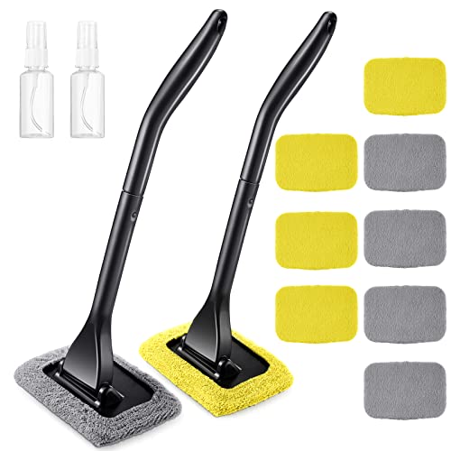 Frienda 2 Set Windshield Cleaner Tool Inside Car Windshield Cleaning Wand Auto Window Cleaner with Detachable Handle, 8 Reusable Microfiber Pads and 2 Spray Bottles for Car Interior(Gray, Yellow) - color: Gray, Yellow
