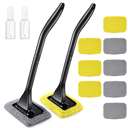 Frienda 2 Set Windshield Cleaner Tool Inside Car Windshield Cleaning Wand Auto Window Cleaner with Detachable Handle, 8 Reusable Microfiber Pads and 2 Spray Bottles for Car Interior(Gray, Yellow) - color: Gray, Yellow