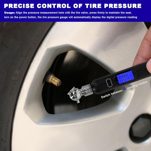 Digital Tire Pressure Gauge, 5-100PSI 4 Settings Pencil Tire Gauge with Backlit LCD Display, Accurate Air Pressure Gauges for Cars Trucks Motorcycles Bicycles, Car Accessories