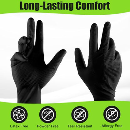 TREEGO 10 Mil Heavy Duty Black Nitrile Mechanic Gloves, 100 Count M | Diamond Grip Rubber Gloves, Latex & Powder Free for Industrial Maintenance, Equipment Repair & Daily Professional Use - color: Black 100, size: Large