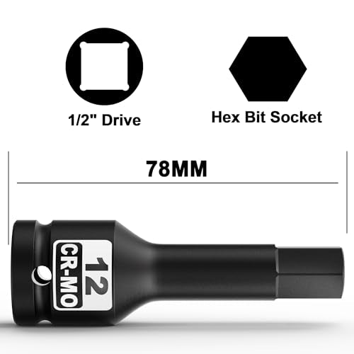 1/2" Drive 12 mm Hex Impact Bit Socket, H12 Allen Bit Socket, Metric, Cr-Mo Steel, Automotive Repair Industrial Maintenance and DIY Enthusiasts Alike - size: 1/2" H12 Deep