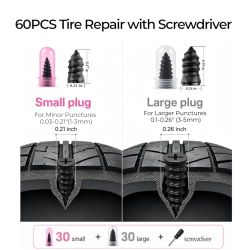 Screw in Tire Plugs Kit, 60PCS Self-Service Flat Tire Repair with Screwdriver, Tire Patch Kit Heavy Duty Professional Quick Tool with Storage Case for Car Truck Motorcycle ATV Tractor