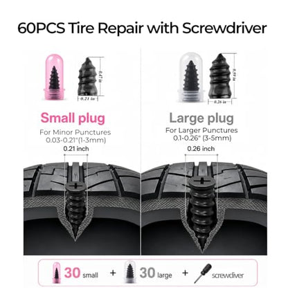 Screw in Tire Plugs Kit, 60PCS Self-Service Flat Tire Repair with Screwdriver, Tire Patch Kit Heavy Duty Professional Quick Tool with Storage Case for Car Truck Motorcycle ATV Tractor
