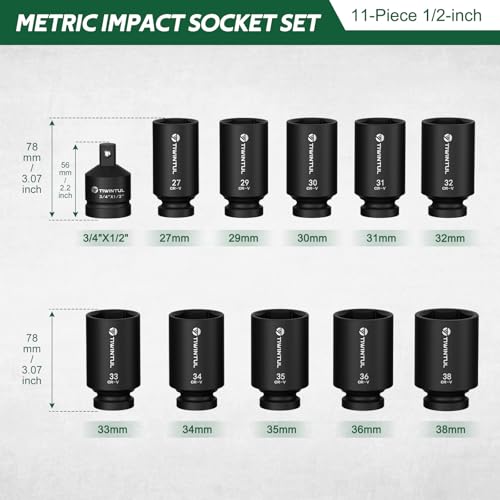 11Pcs Axle Nut Socket Set, 1/2" Drive Metric Impact Deep Socket | 27mm-38mm Sizes, CR-MO 3/4" - 1/2" Adapter, 6-Point Design, with Portable Storage Case, for Installing and Removing Axle Nuts - size: 11 PCS(Metric)