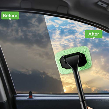 Frienda 2 Set Windshield Cleaner Tool Inside Car Windshield Cleaning Wand Auto Window Cleaner with Detachable Handle, 8 Reusable Microfiber Pads and 2 Spray Bottles for Car Interior(Green) - color: Green