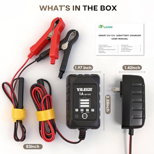 1A Smart Battery Charger for 6V/12V Lead-Acid & 12V Lithium Batteries- Trickle Charger & Desulfator for car Motorcycle Lawn Mower Boat Motorcycle Snowmobile