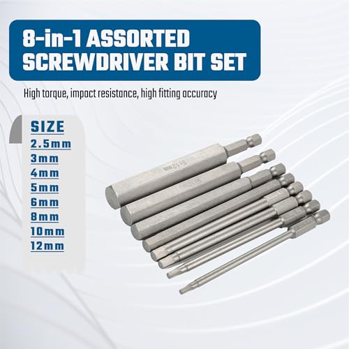 VESTTIO Metric Hex Allen Wrench Bit Set, 8-Piece, 4-Inch, Magnetic S2 | 2.5-12mm, industrial S2 alloy steel, 1/4 inch hex shank, magnetic tips, design for power screwdriver drill impact driver - size: 8 HEX / 4 inch