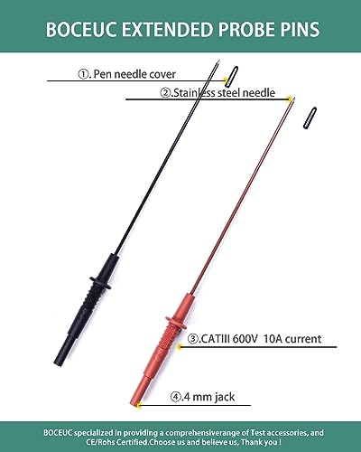 Multimeter Leads, Insulated Test Probe Needle Point Wire Testing Probes, Automotive Extra Sharp Long Reach Prod for Standard 4 mm Test Leads Kit, 600V CAT III