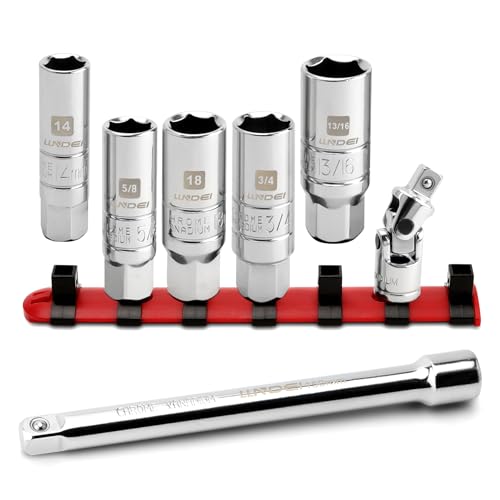 LLNDEI 3/8 Inch Drive Spark Plug Socket Set SAE & Metric, High Visibility 6 Point Sockets CR-V Steel, Mirror Polished Sockets with Rubber Retaining Rings-Spark Plug Removal Tool for Car Repair 7PCS - size: 6 pieces + extension bar