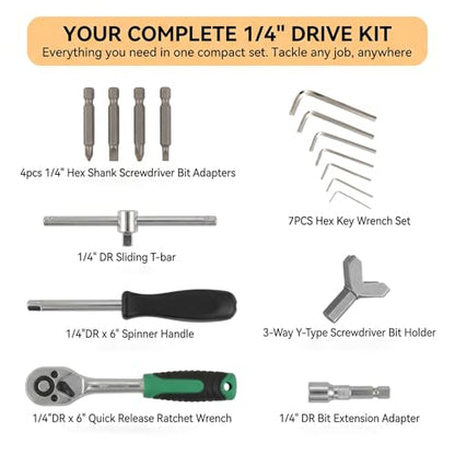 130 Pieces 1/4 Inch Drive Socket Ratchet Wrench Set, Mechanic Tool Set, with Bit Socket Screwdriver Set Metric and Extension Bar for Auto Repairing and Household - color: Silver-130pcs
