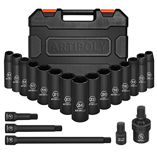 ARTIPOLY 20 Pieces 1/2" Drive Metric Deep Impact Socket Set,10mm-24mm no skip, Includes Extension Bars, Universal Joint and Adapter, 6 Point Design, Meets ANSI Standards - style: 1/2" socket set metric