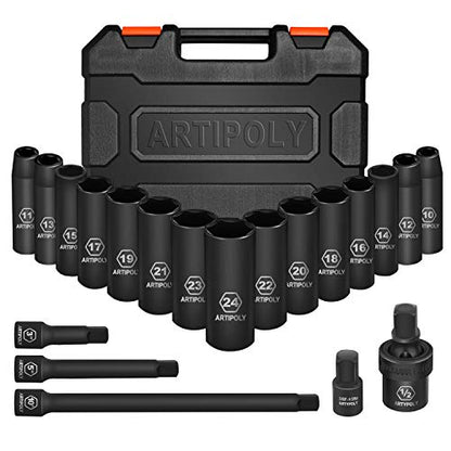 ARTIPOLY 20 Pieces 1/2" Drive Metric Deep Impact Socket Set,10mm-24mm no skip, Includes Extension Bars, Universal Joint and Adapter, 6 Point Design, Meets ANSI Standards - style: 1/2" socket set metric